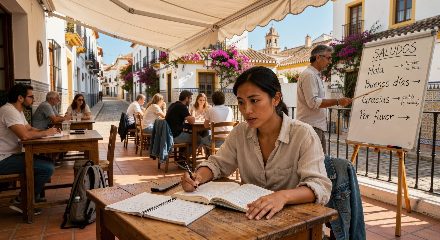 Traveler attending a language class abroad