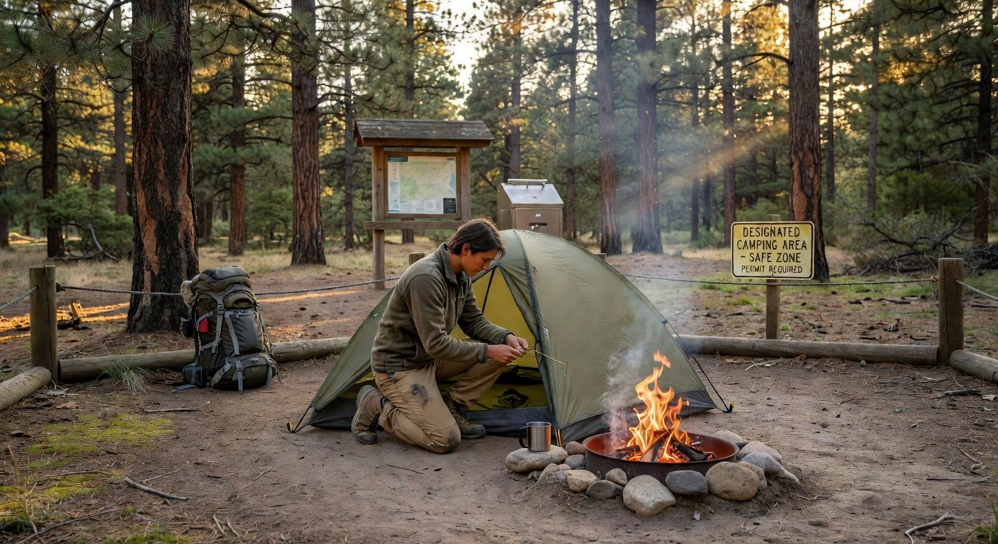 Solo camping in a peaceful forest campsite in the Americas