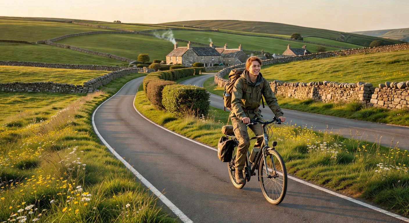 Solo traveler cycling along a scenic coastal bike path