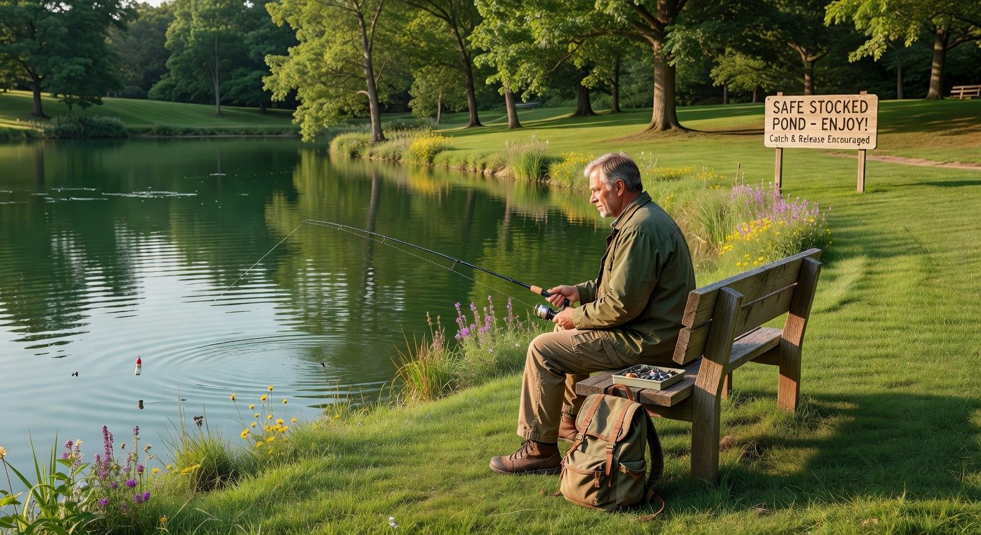 Solo traveler fishing peacefully by a tranquil pond