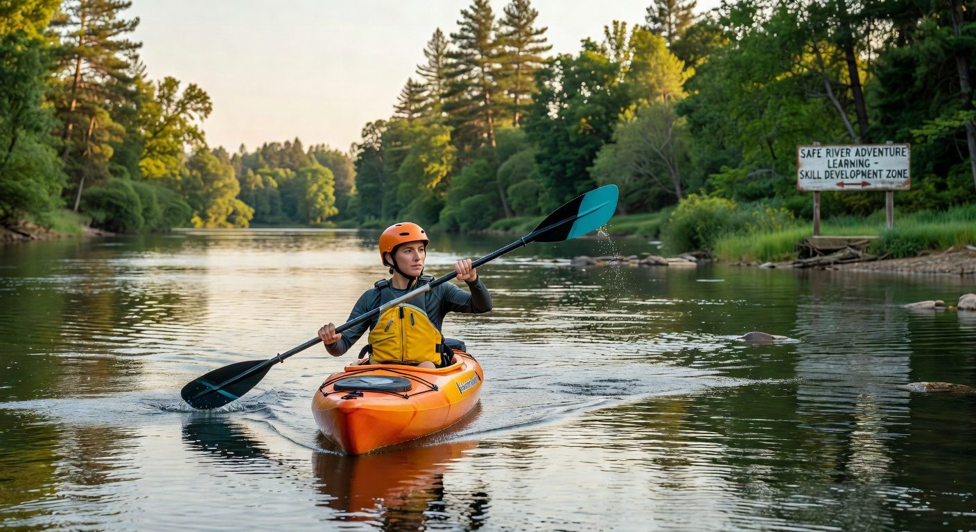 Solo kayaking on a peaceful river through lush forest