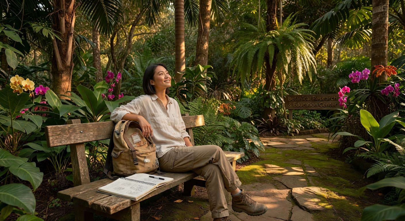 Traveler relaxing peacefully in a garden after a cultural tour