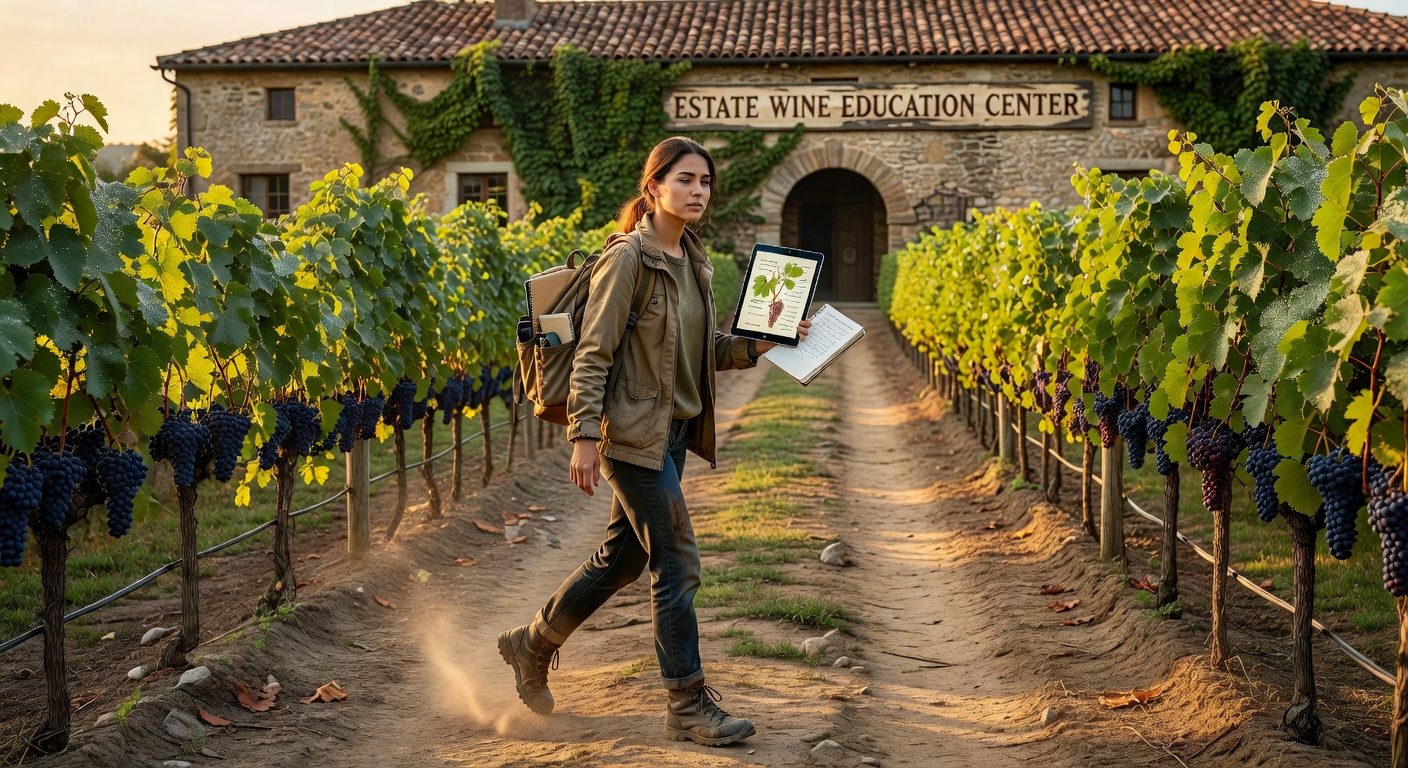 Solo traveler strolling through a scenic French vineyard in the golden afternoon light