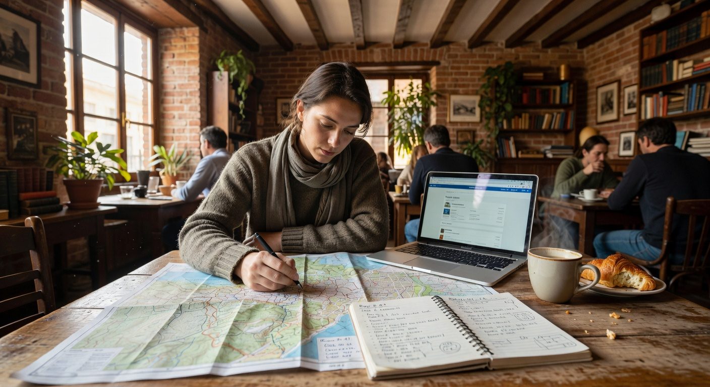 Planning a trip over maps in a cozy cafe