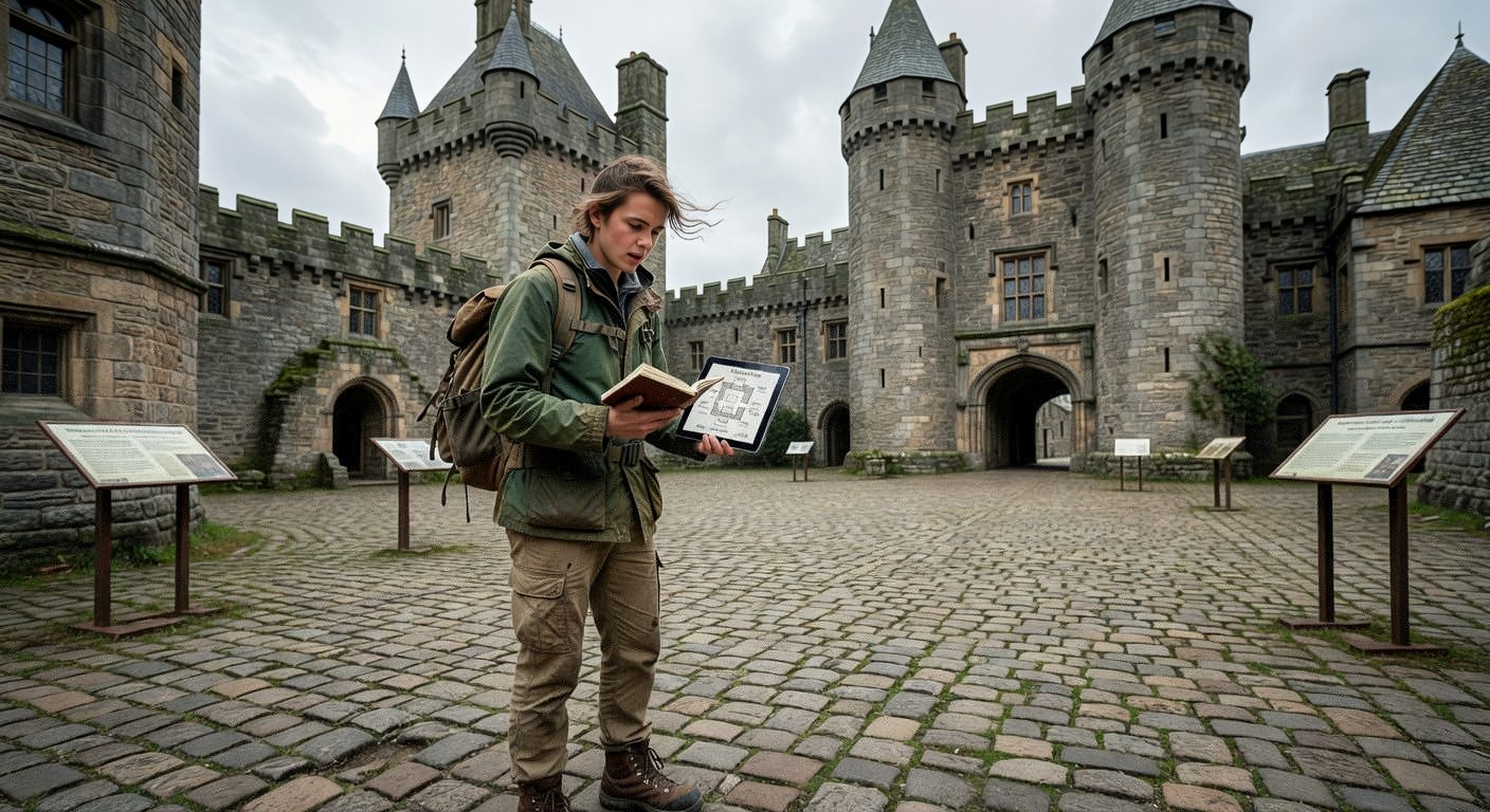 Solo traveler exploring a historic European castle on a clear day